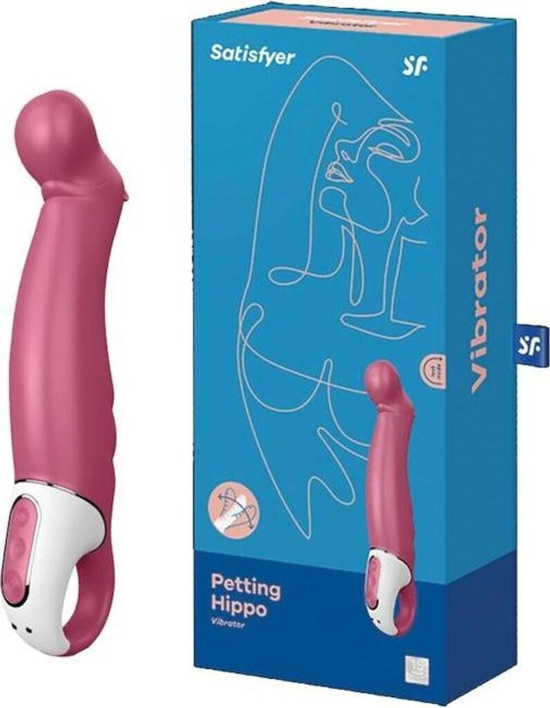 Pink petting hippo vibrator with blue packaging featuring Satisfyer branding.