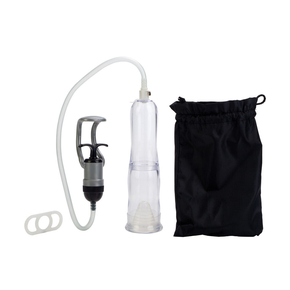 Vacuum pump with clear container and black drawstring bag on a white background