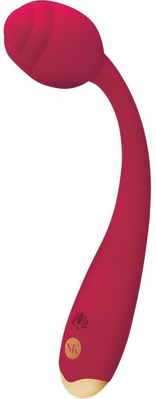 A red long-stemmed vibrator with a smooth silicone body and a rosebud-shaped top. It has a sleek and slim design.