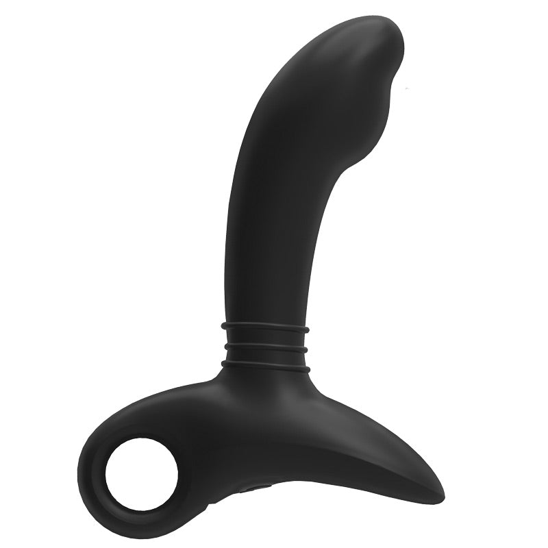 Black silicone butt plug on a white background