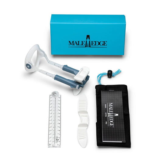 Grooming kit with tools and a blue box labeled 'Male Edge' on a white background