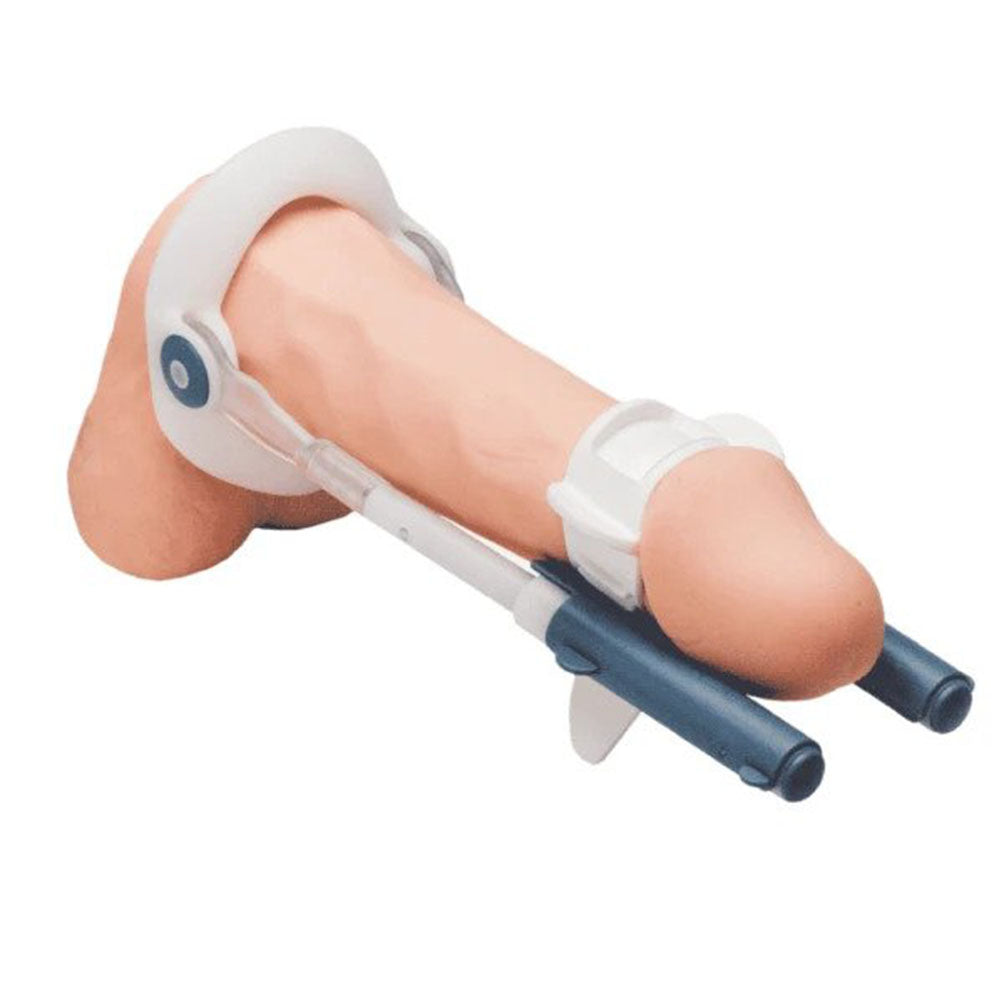 Model of a leg with a catheter on a white background