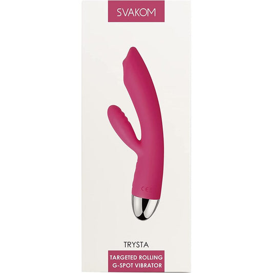 A bright pink, uniquely shaped vibrator with a smaller arm for clitoral stimulation and a rolling ball at the base for targeted stimulation. The device has a sleek, smooth surface with a shiny metallic tip.