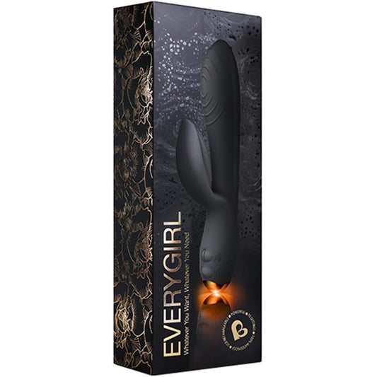 A sleek black rabbit vibrator with a dual independent motor, designed for clitoral stimulation and shaft pleasure. The device has a smooth, streamlined shape and a velvet soft texture.
