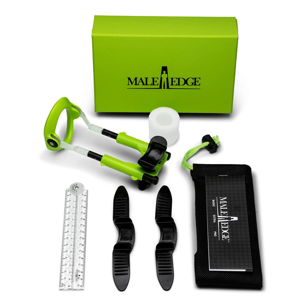 Grooming kit with green tool, black attachments, ruler, and phone case on a white background.