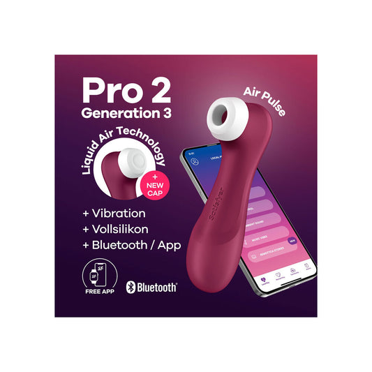 Product packaging for Pro 2 Generation 3 with liquid air technology, vibration, Bluetooth, and app features on a purple background.