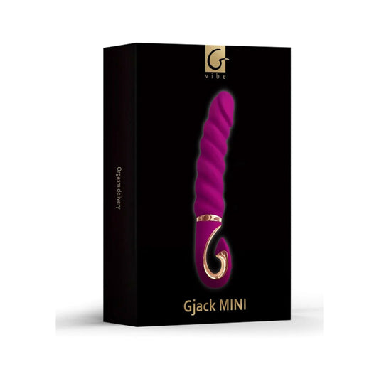 A purple, cylindrical mini vibrator with a curved end, featuring a thick, ridged design and a gold accent ring near the base.