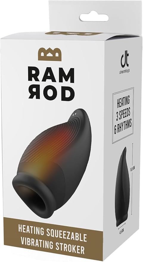 Box of a heating squeezable vibrating stroker with branding on a white background