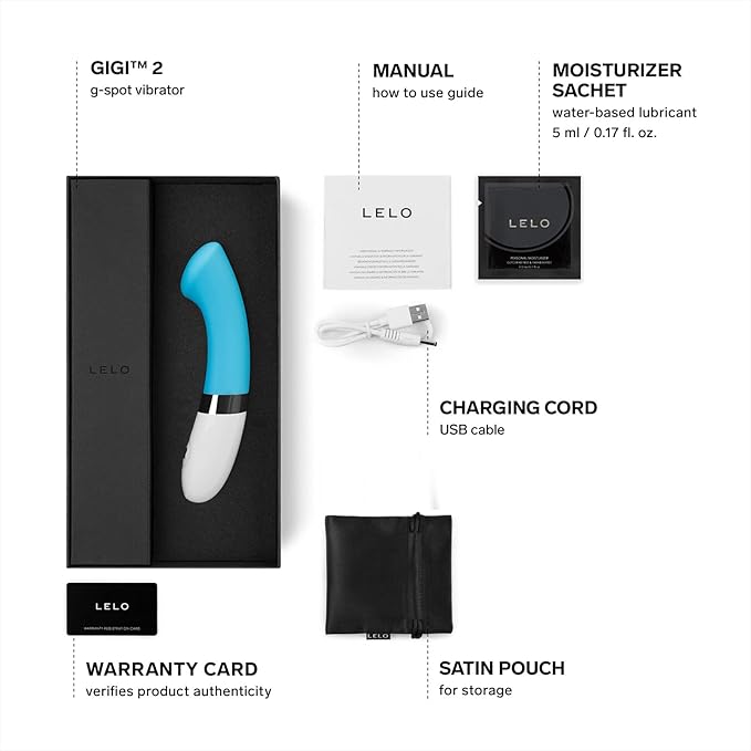 LELO GIGI 2 g-spot vibrator packaging with accessories on a white background