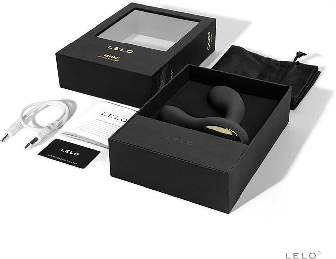 Black Lelo product in open box with accessories on a white background