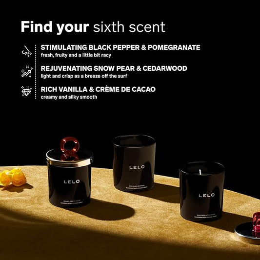 Three black candles with 'LELO' branding on a dark background with product descriptions.