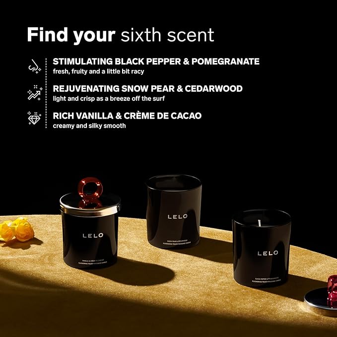 Three black candles with 'LELO' branding on a dark background with product descriptions.