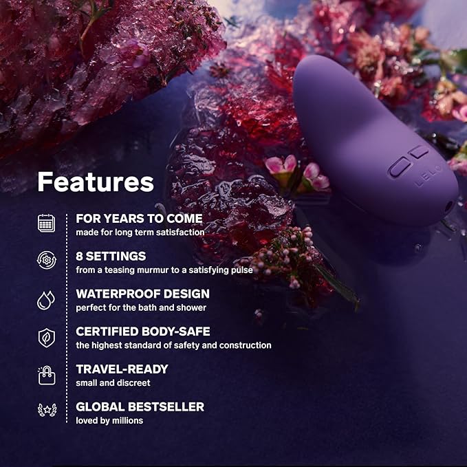 Purple electronic device with features listed on a dark background with water and flowers.