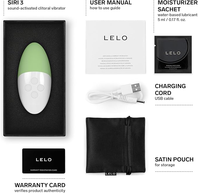 LELO product packaging with green and white clitoral vibrator, user manual, moisturizer sachet, charging cord, satin pouch, and warranty card on a white background.