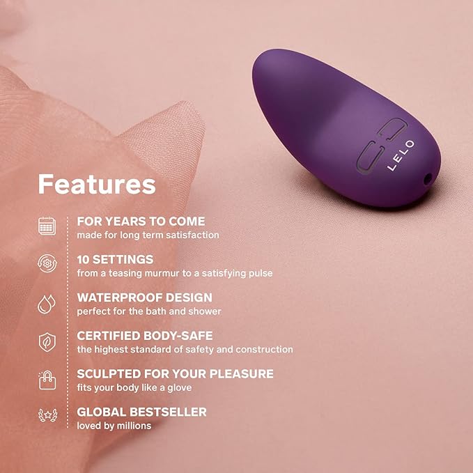 Purple LELO device on a pink background with feature text.