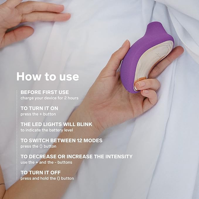 Purple electronic device held by a hand with usage instructions on a white background