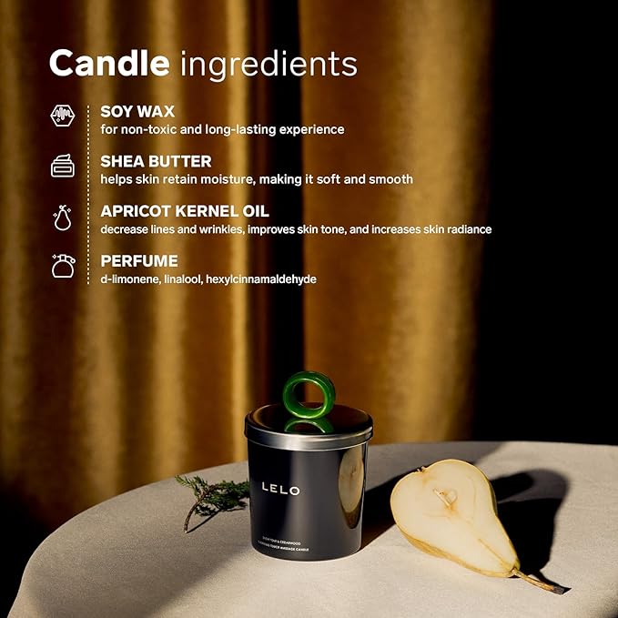 Candle ingredients list with soy wax, shea butter, apricot kernel oil, and perfume on a blurred background.