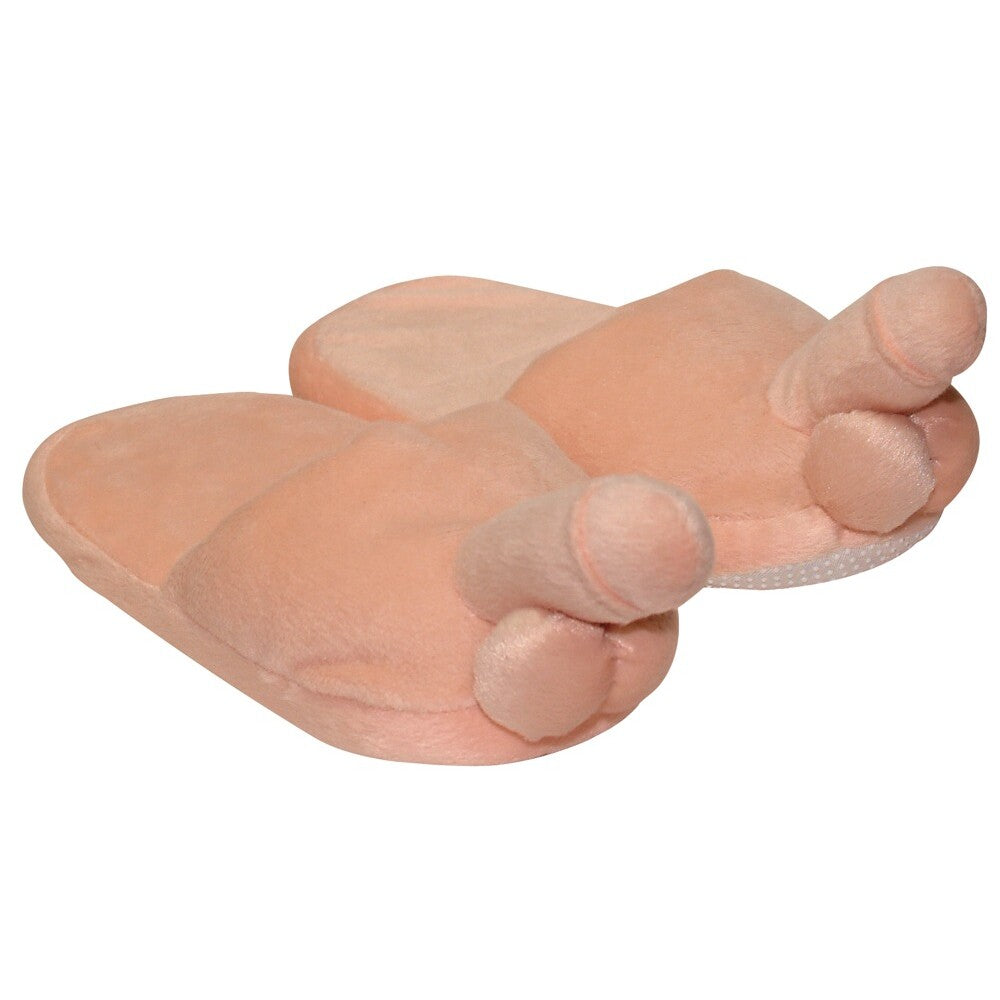A pair of flesh pink penis-shaped slippers made from polyester.