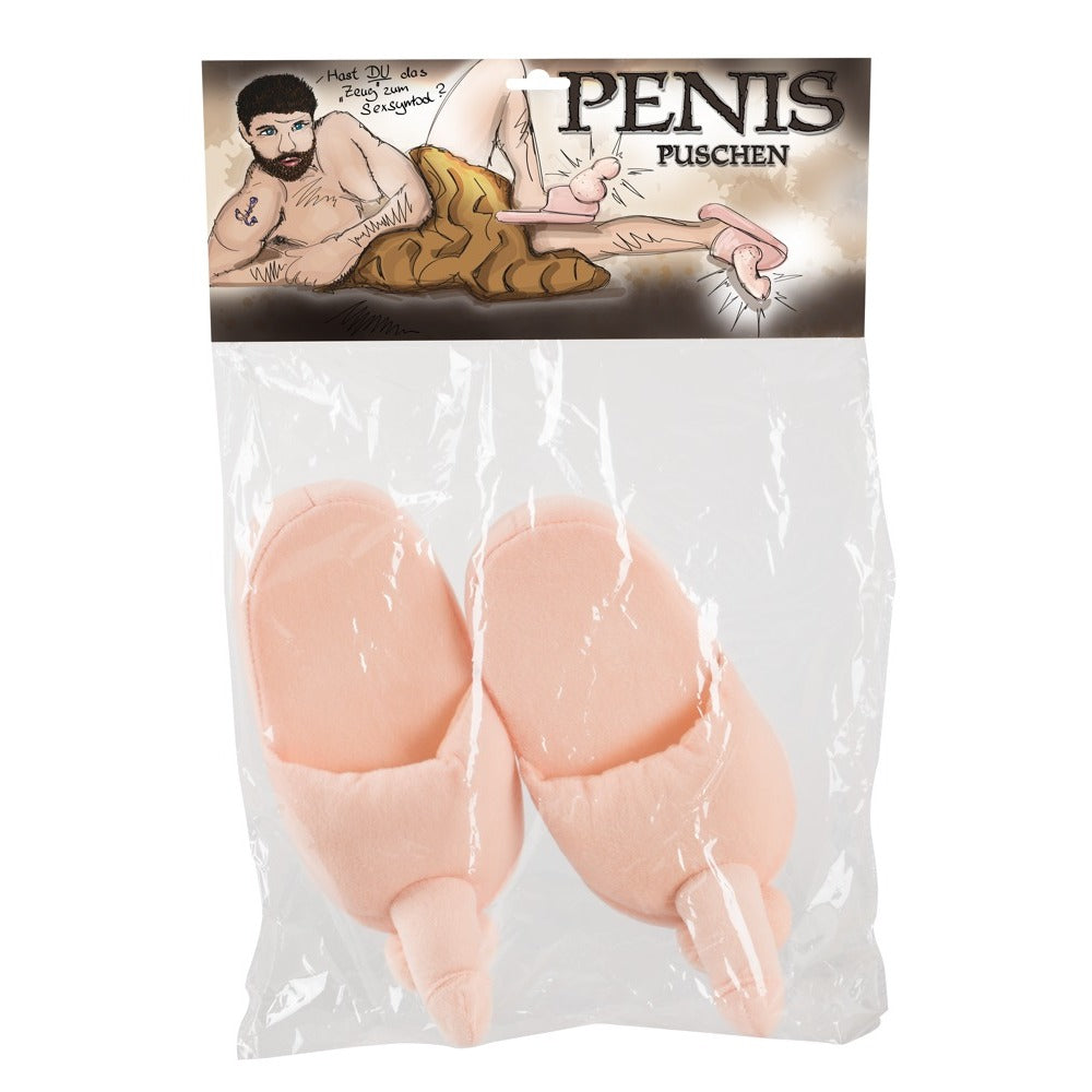 A pair of flesh pink penis-shaped slippers made from polyester.