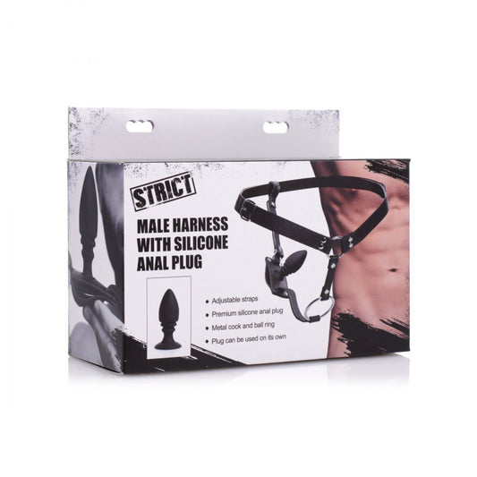 Box of Strict male harness with silicone anal plug on a white background