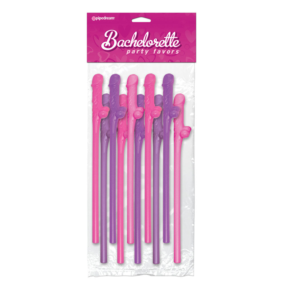 Packaging of Bachelorette Party Favors featuring 10 pink and purple straws with a playful design.