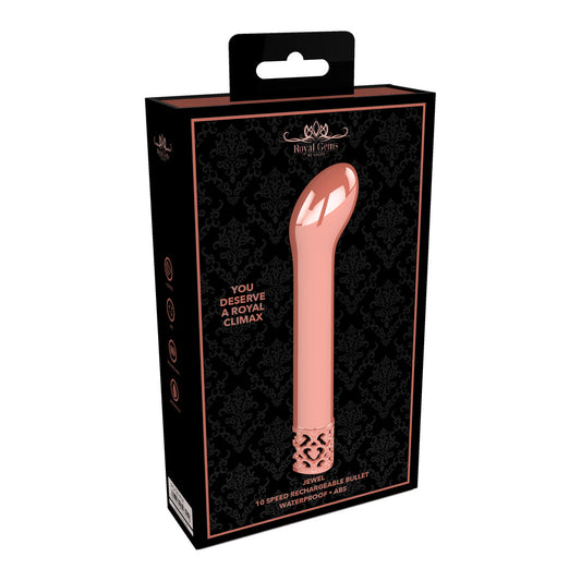 A rose gold rechargeable G-spot bullet vibrator with a sleek metal finish and a curved tip. The base is adorned with a small, decorative jewel design.