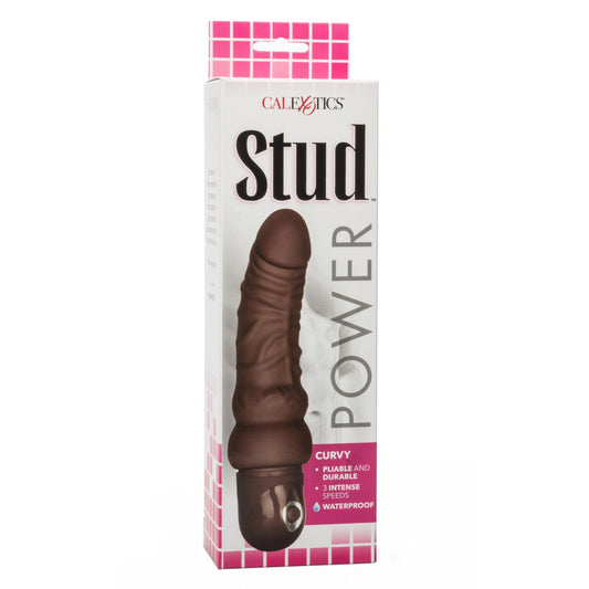 A brown, curvy, and textured power stud vibrator with a circular base and a built-in power button, designed for pleasurable use.