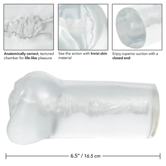 A clear, closed-ended sleeve with a textured interior designed for masturbatory use.