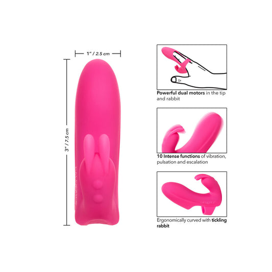 A pink, finger-shaped vibrator with a small rabbit stimulator, shown against a white background.