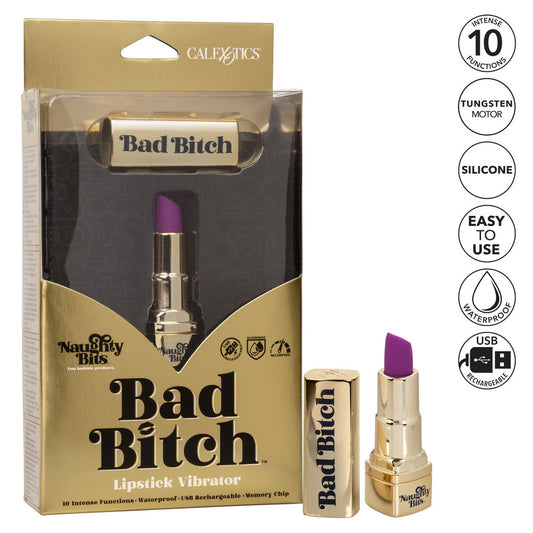 A gold lipstick-shaped vibrator with a deep purple tip, branded 'Bad Bitch' on the shiny casing.