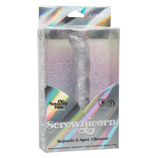 A silver, glittery g-spot vibrator with a curved tip and ribbed texture. The bottom part has a built-in power base.