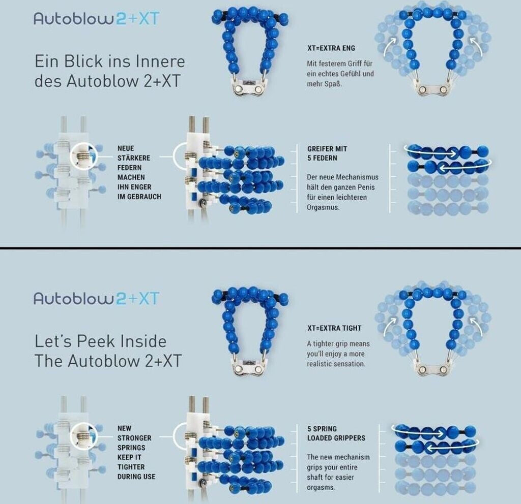 Technical diagram of Autoblow 2+XT product with blue components and text on a light blue background.