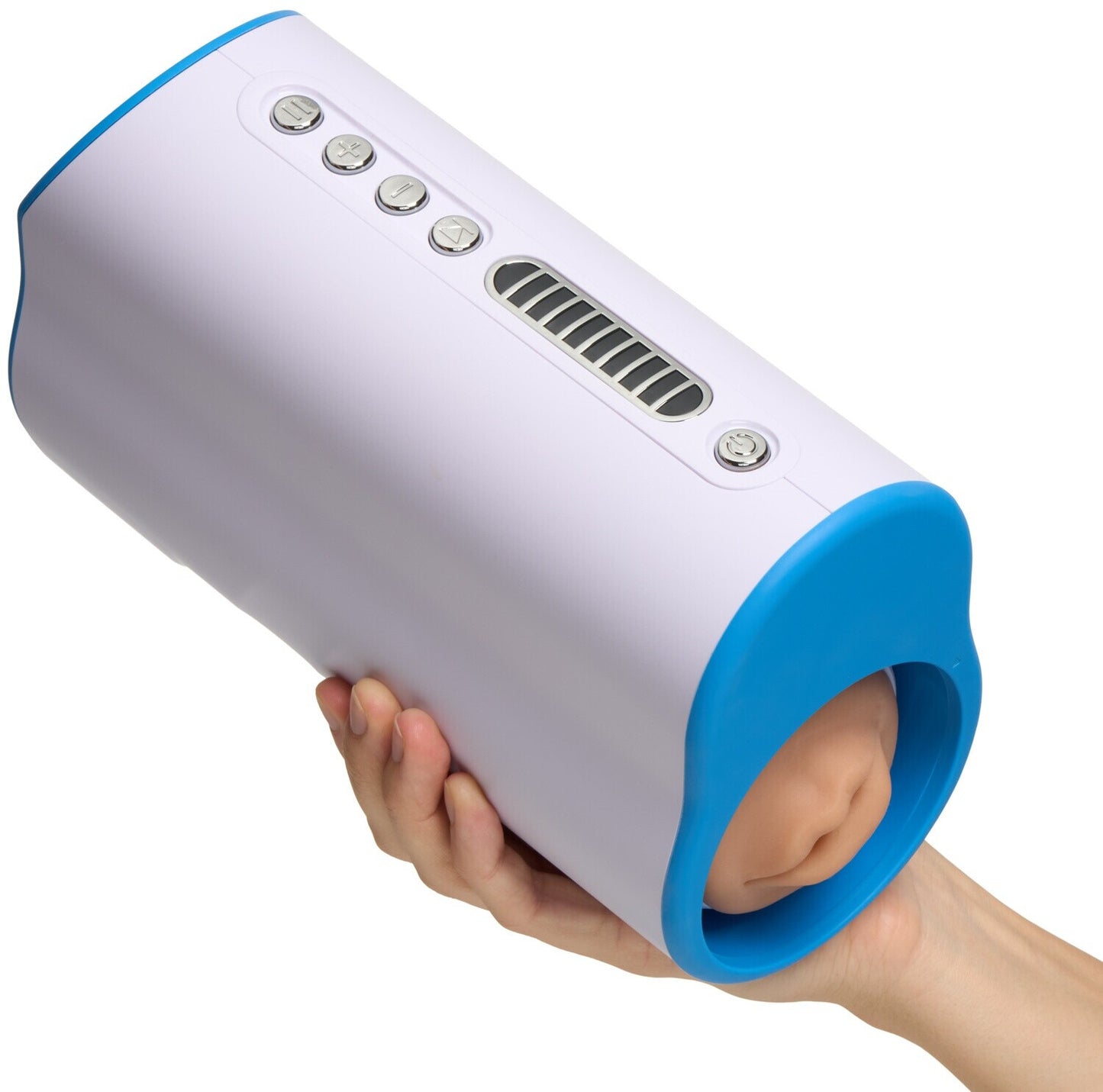 Hand holding a cylindrical device with blue accent on a white background