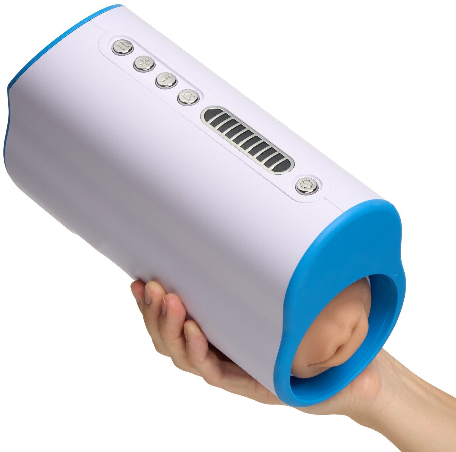 Hand holding a cylindrical device with blue accent on a white background