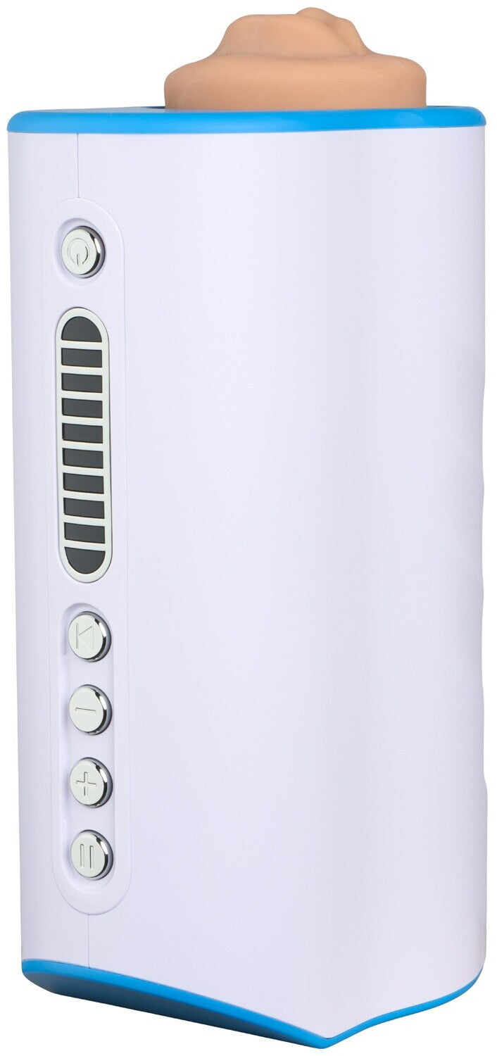 White electronic device with blue accents on a white background