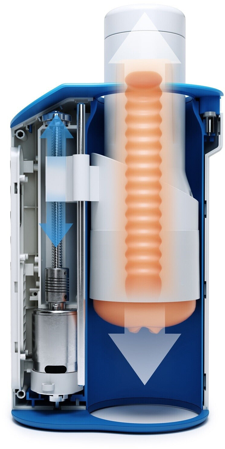 Cross-sectional diagram of a mechanical device with blue, white, and orange components.