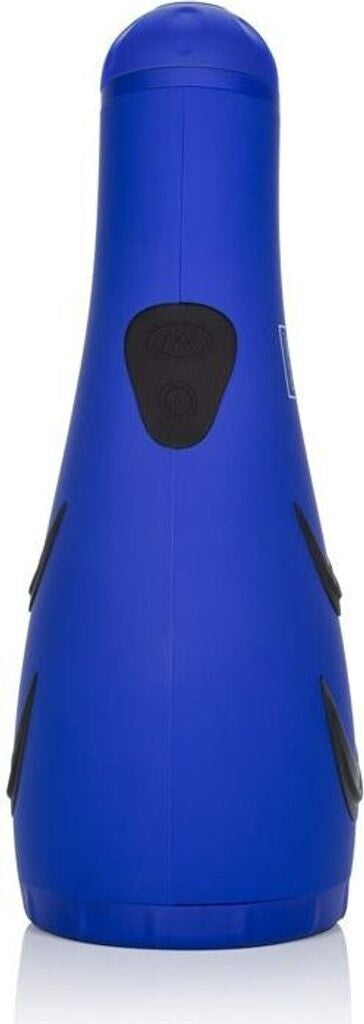 Blue handheld device with black accents on a white background