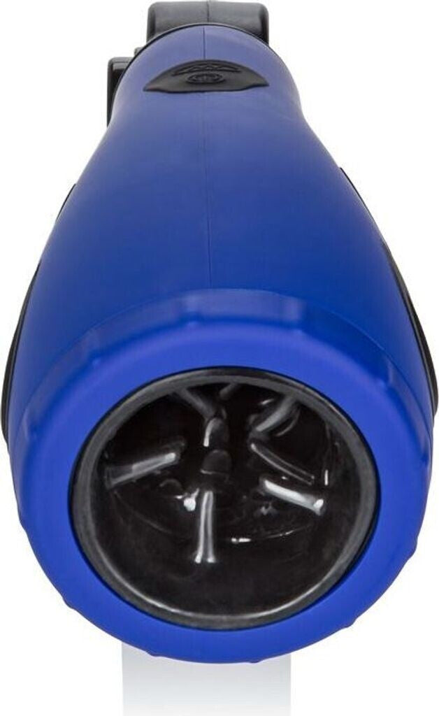 Blue electric vehicle charging cable connector on a white background