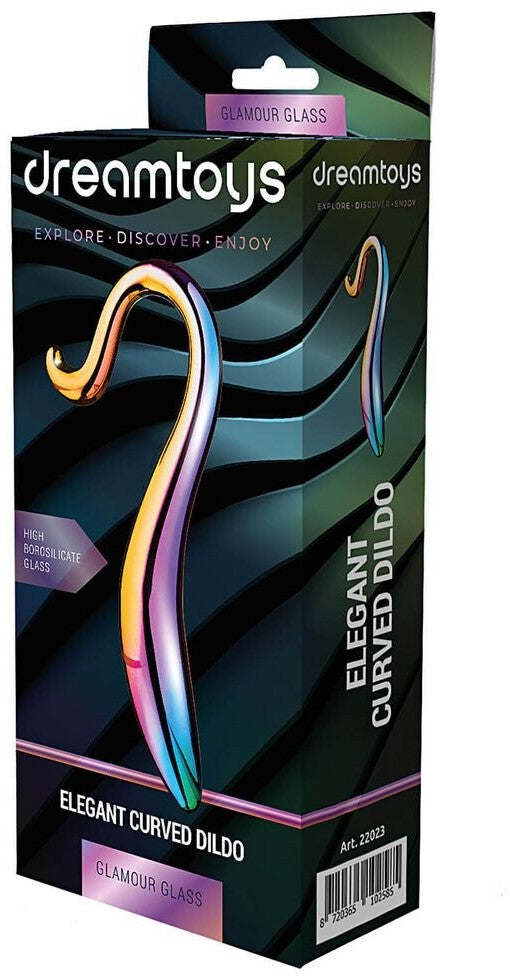 Packaging of a colorful curved dildo with 'dreamtoys' branding on a black background.