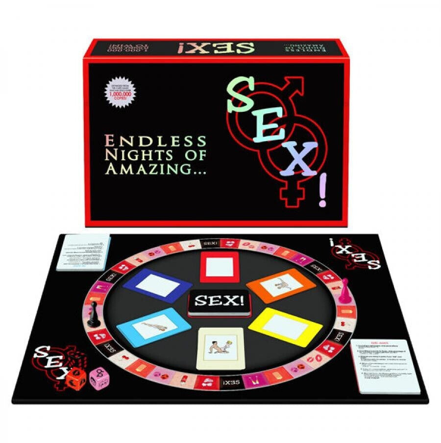 Board game set with 'SEX!' branding on a white background