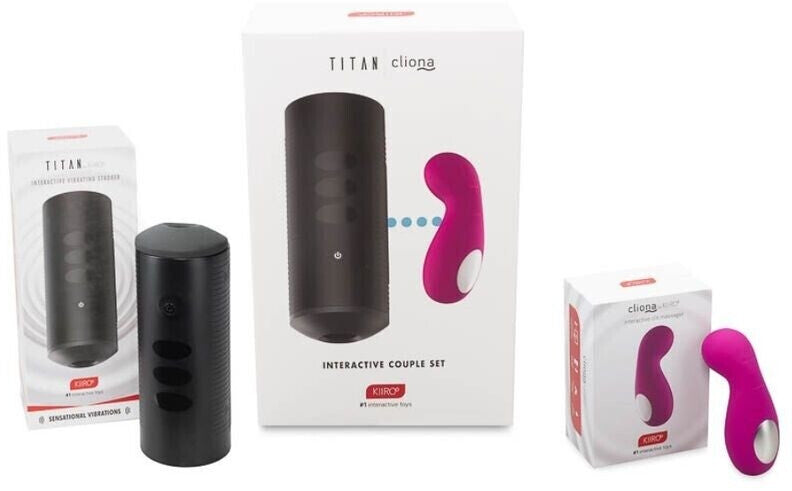 TITAR cliqna interactive couple set packaging with black and pink devices on a white background