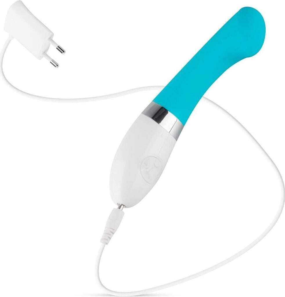 White electronic device with a blue handle on a white background