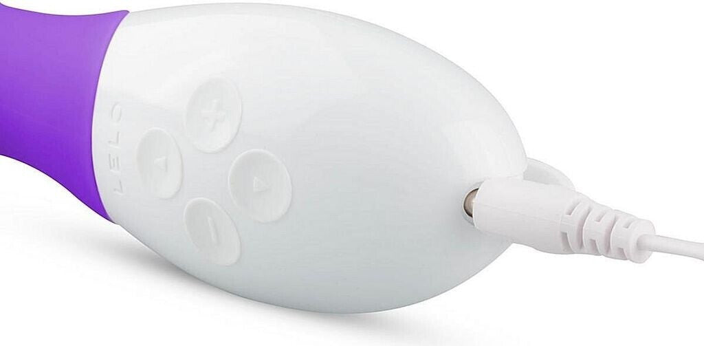 White electronic device with purple accents on a white background