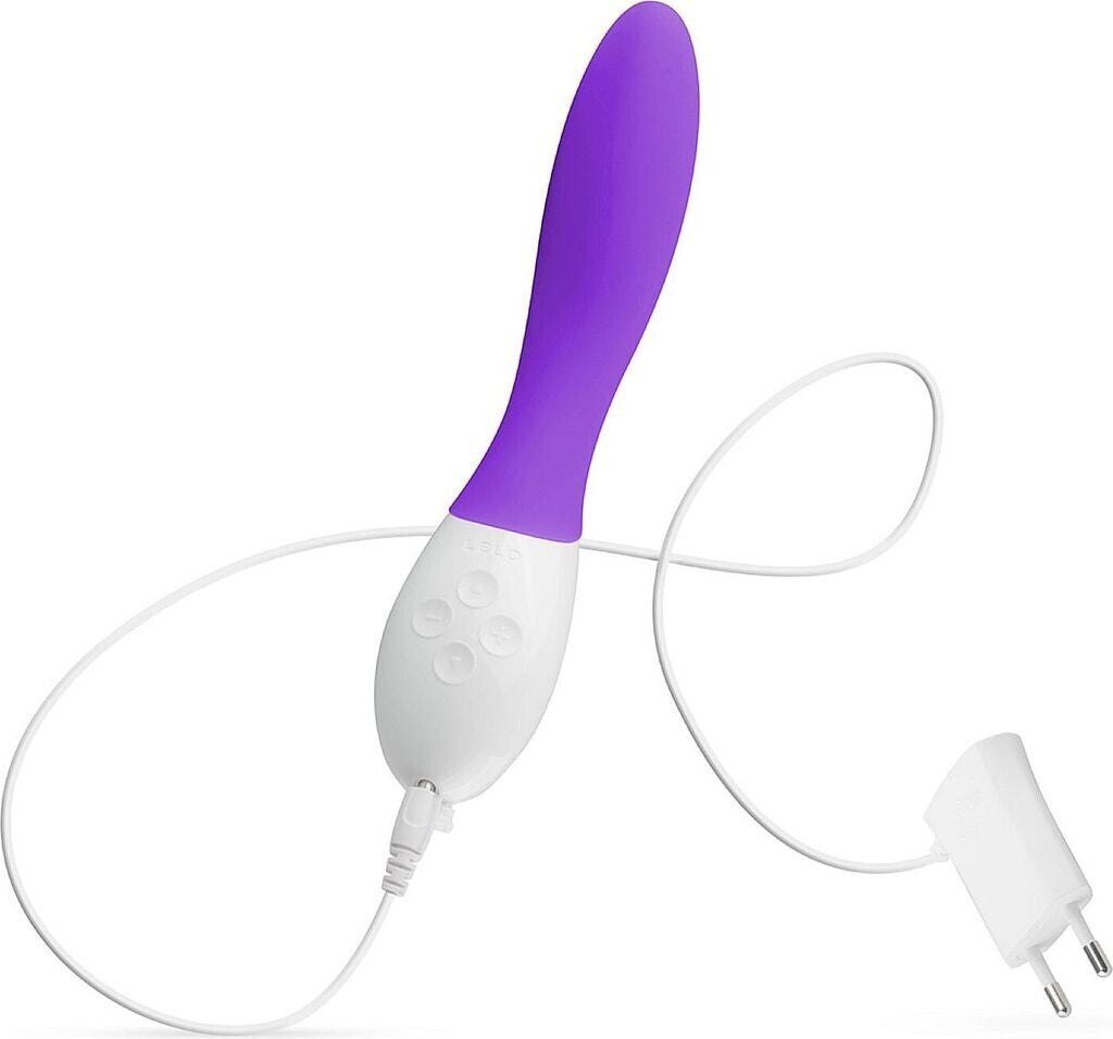 White electronic device with a purple handle on a white background