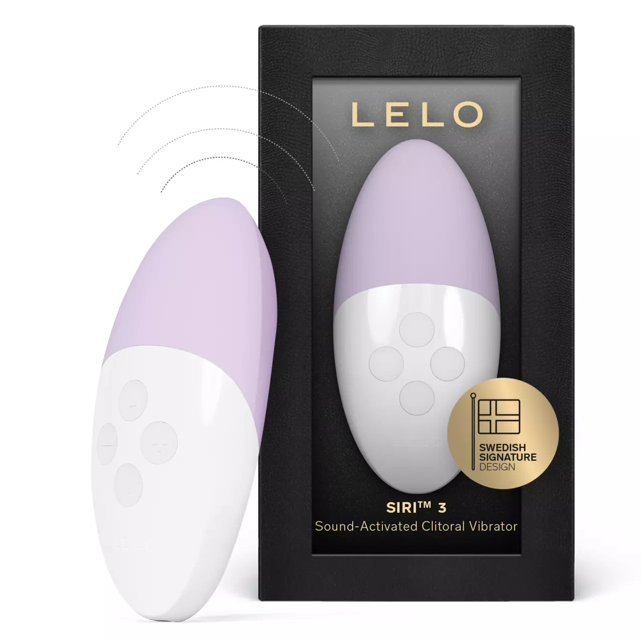 LELO Siri 3 sound-activated clitoral vibrator with packaging on a white background