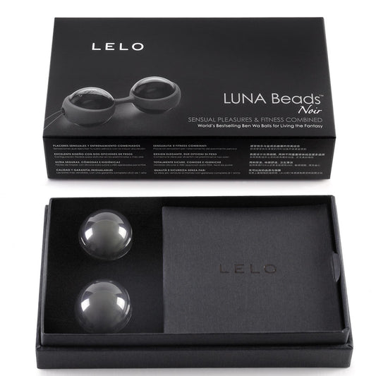 LELO Luna Beads Noir packaging with two black beads inside a black box.