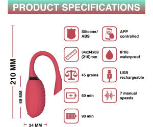 Product specifications of a red electronic device with icons and text.