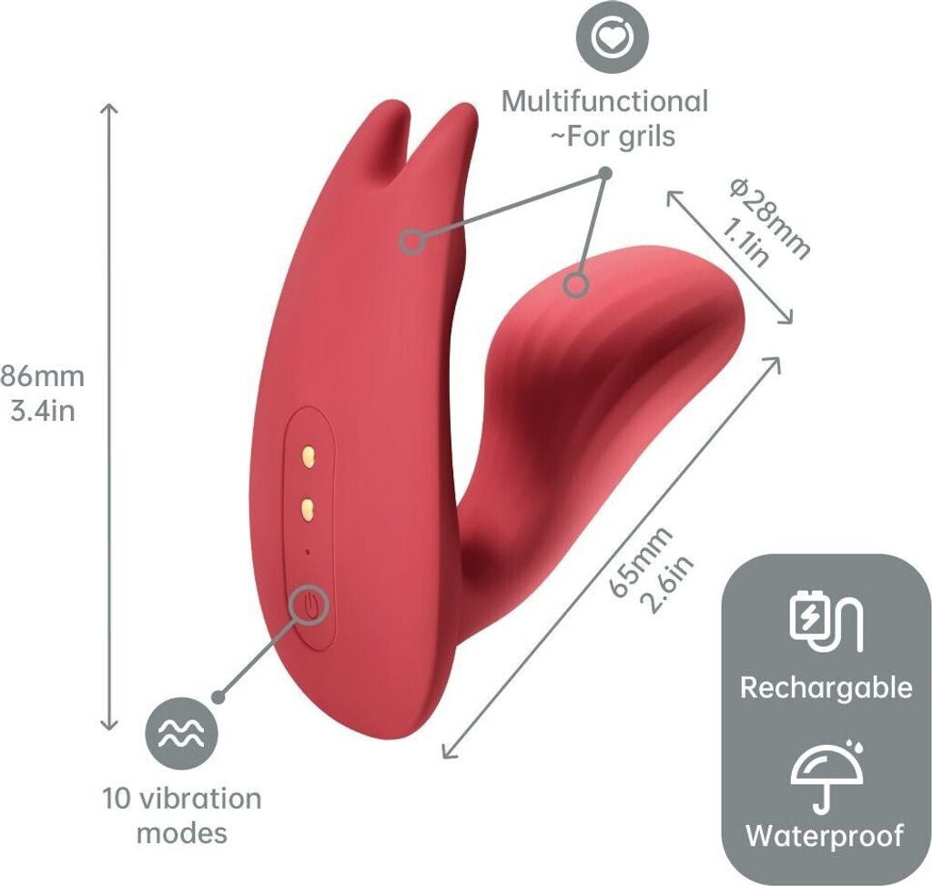 Red multifunctional device with dimensions and features on a white background
