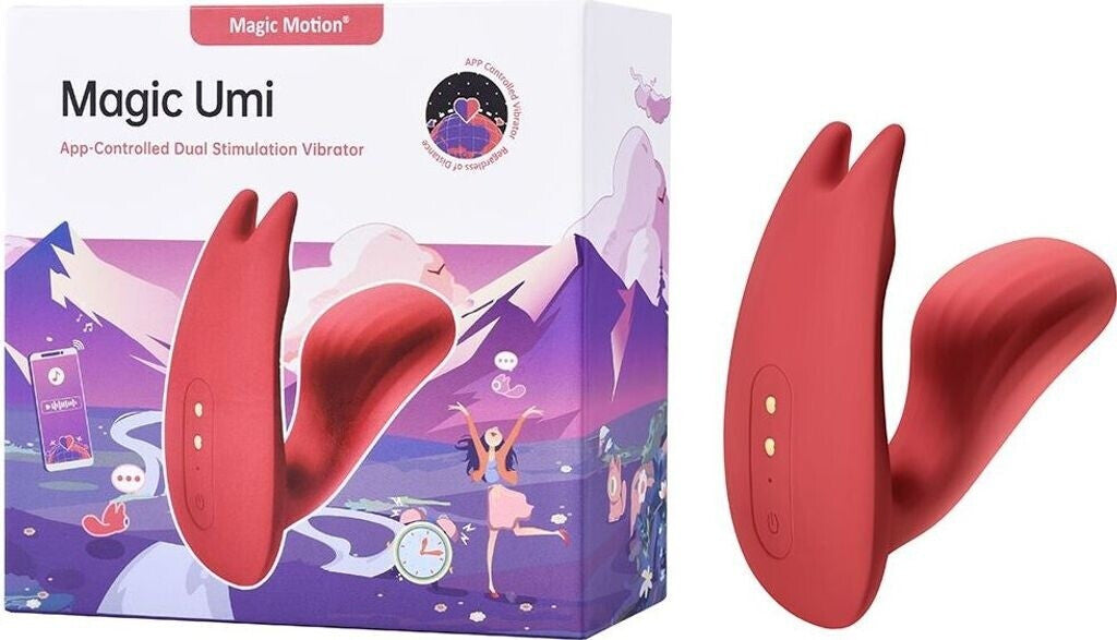Red dual-stimulation vibrator with packaging labeled 'Magic Umi' on a white background
