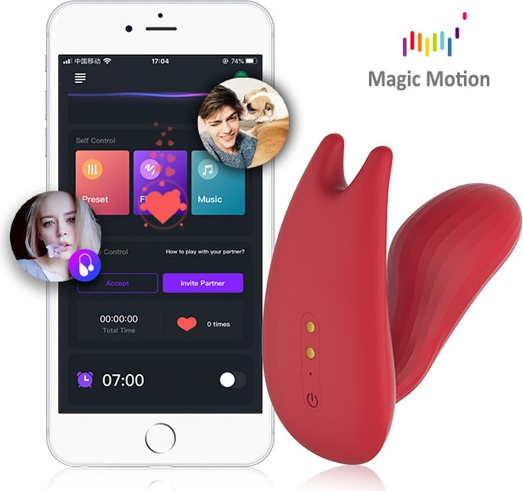 Red device and smartphone with app interface on a white background, featuring 'Magic Motion' branding.